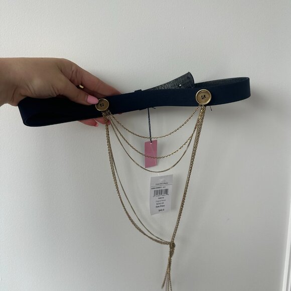 NWT Oscar De La Renta Navy Leather Belt With Gold-tone Chain Drape Accent - Picture 7 of 8